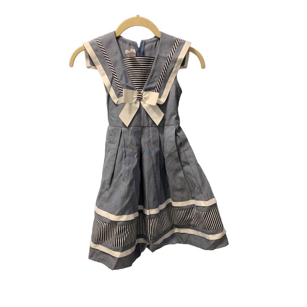 Bonnie Jean Skylar Sailor's Collared Ribbon Stripes Fit&Flare Dress Chambray 6X